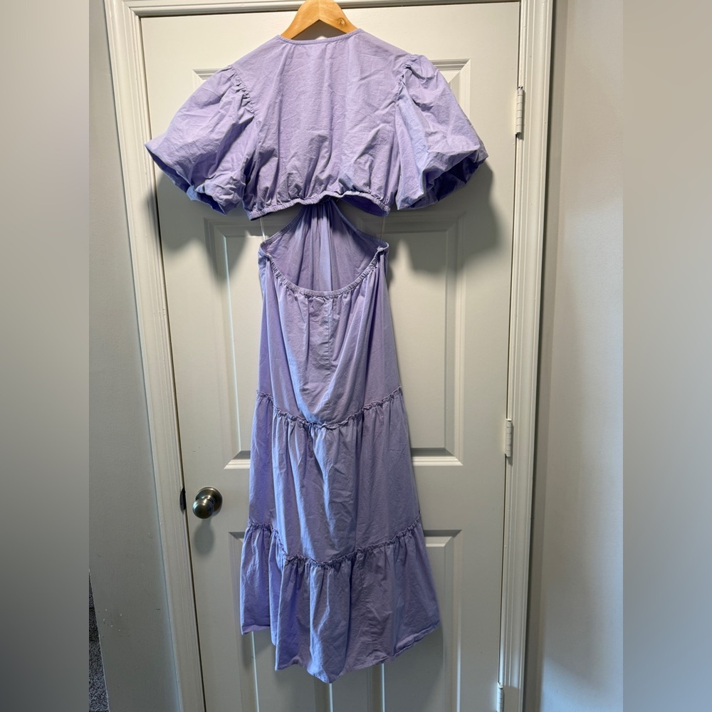 Lavender Tiered Maxi Dress with Front Ring & Puff Sleeve open back 100% cotton - Picture 8 of 13